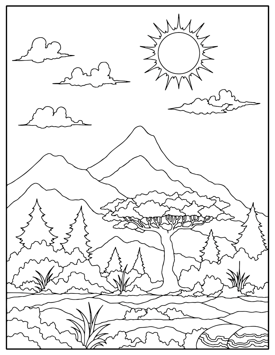 Floresta de pinheiros com montanhas ao fundo para colorir