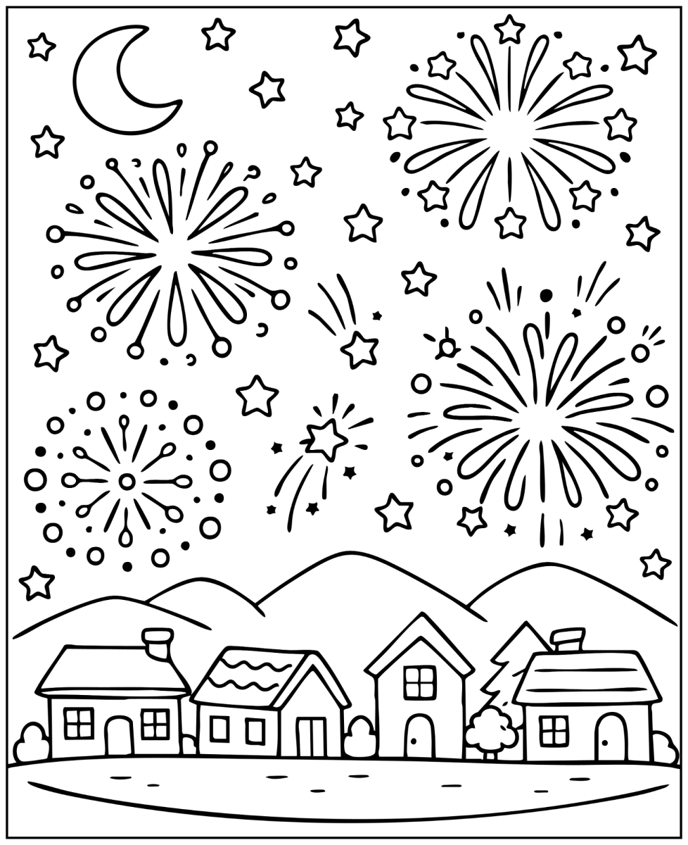 Fogos de artifício sobre a cidade à noite para colorir