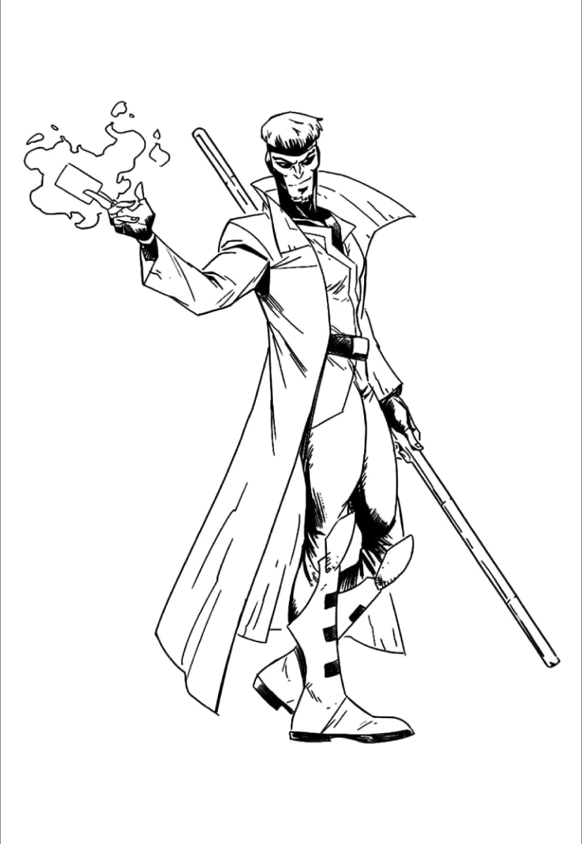 Gambit com seu bastão e sobretudo para colorir