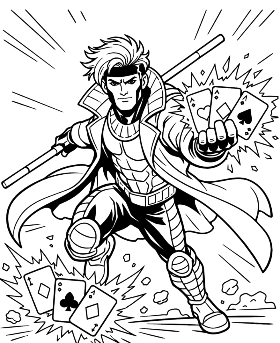 Gambit lançando suas cartas explosivas para colorir