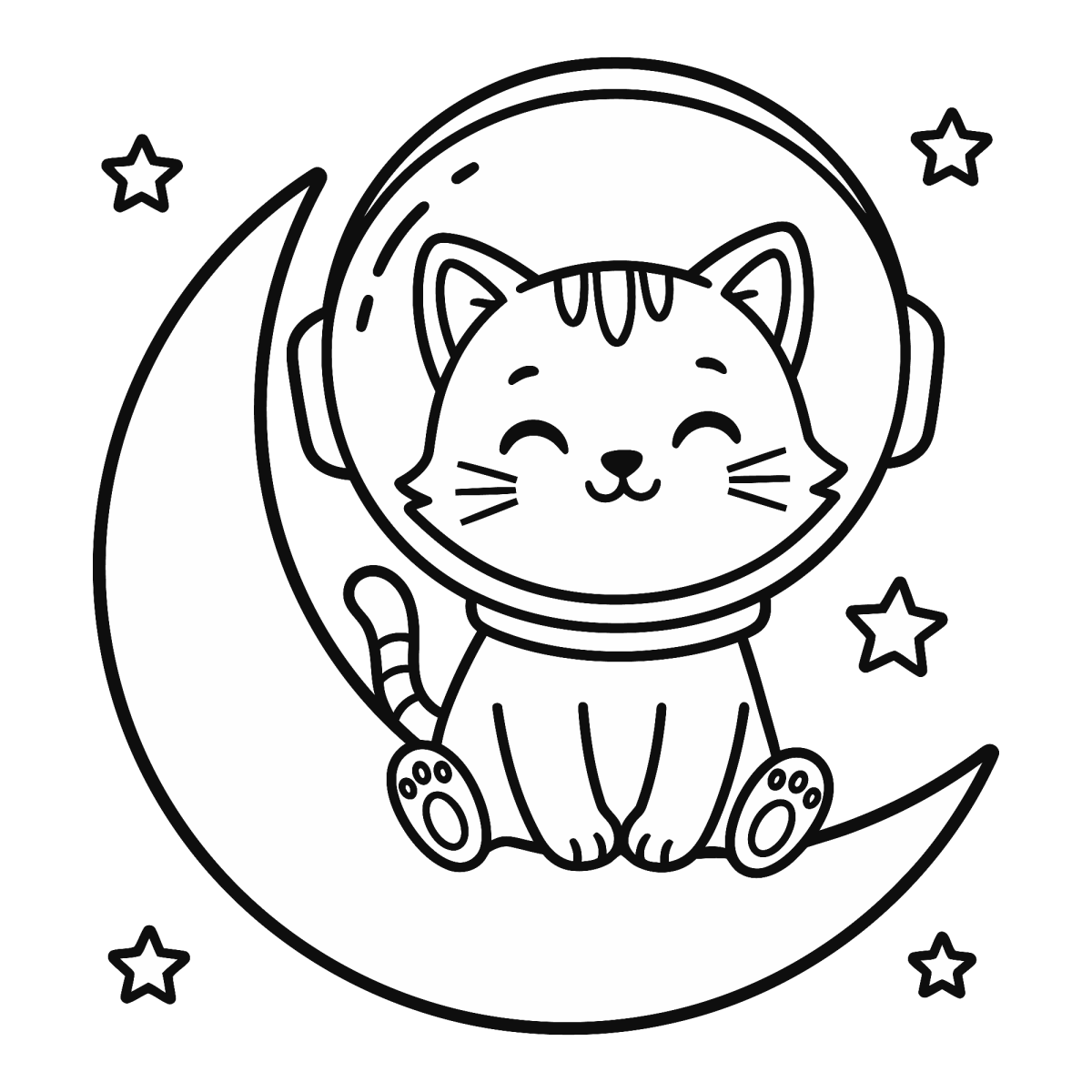 Gatinho astronauta na lua crescente para colorir
