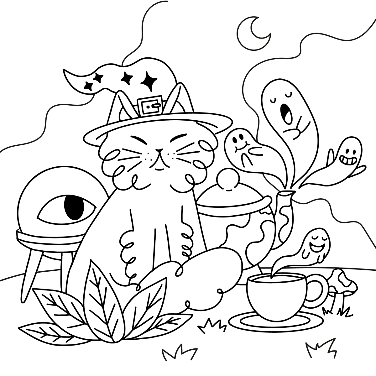 Gatinho bebendo chocolate quente à noite para colorir