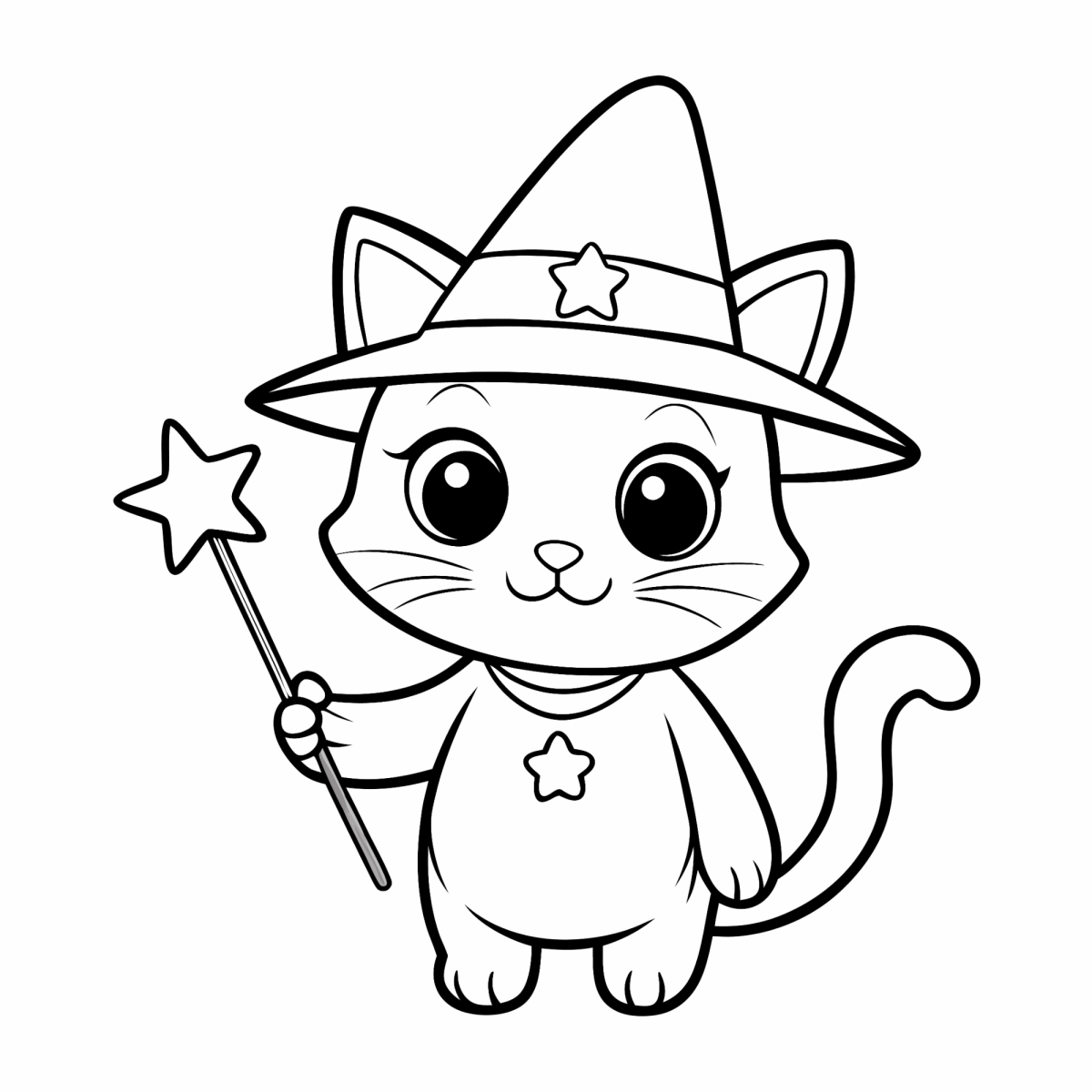 Gatinho bruxo com varinha e estrela para colorir