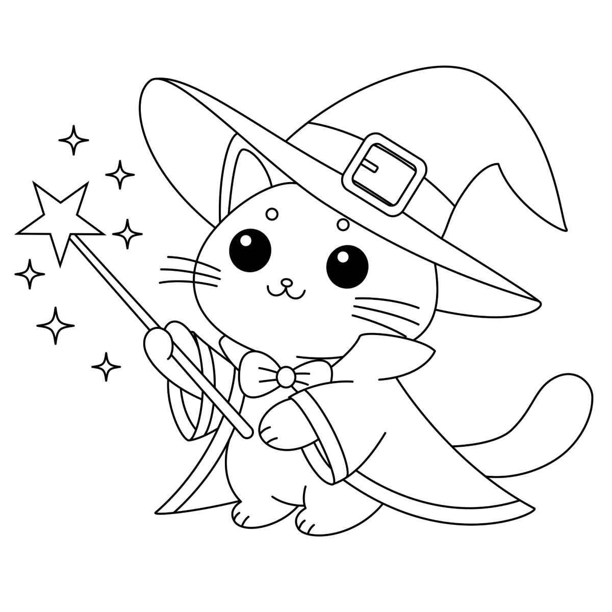 Gatinho bruxo com varinha mágica para colorir
