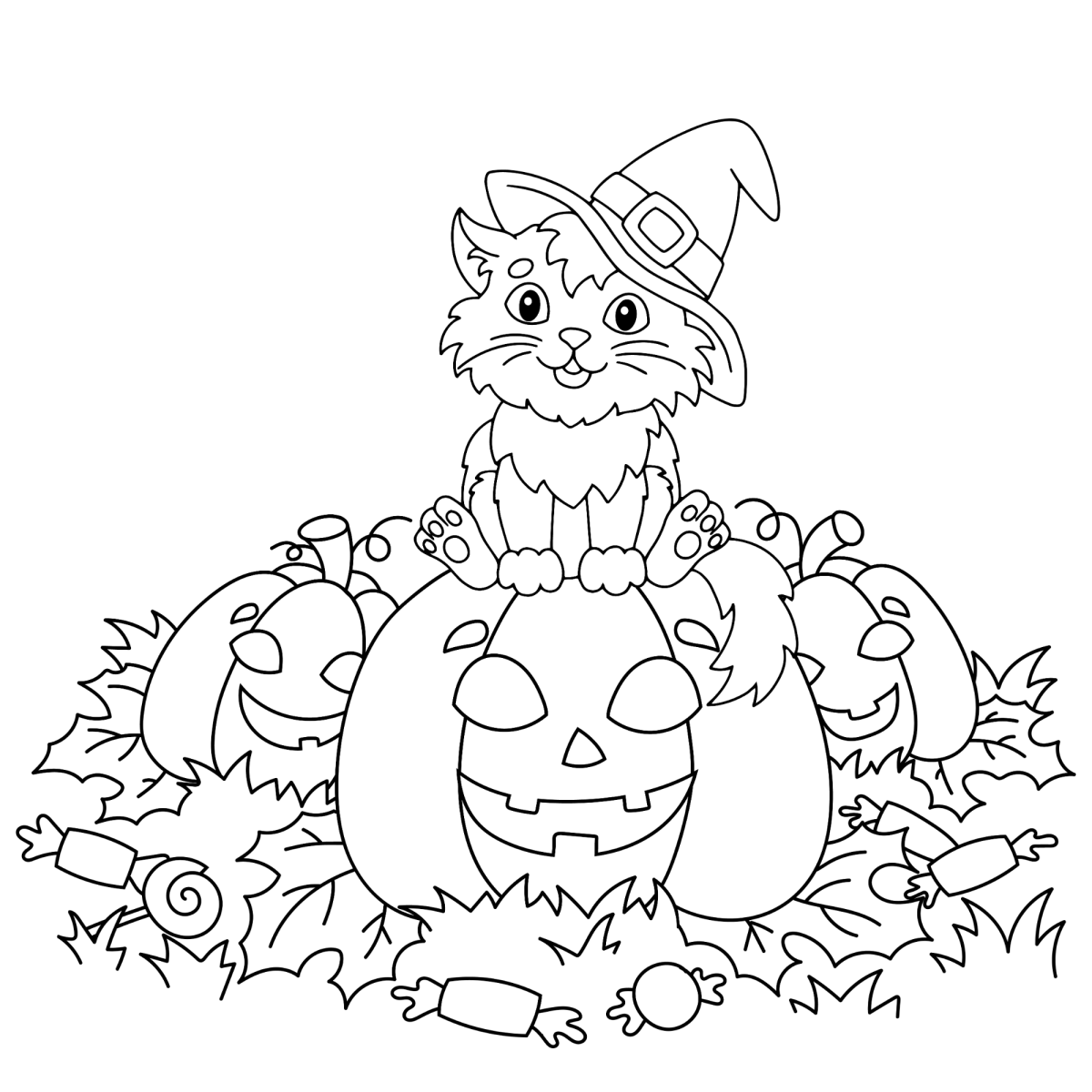 Gatinho bruxo entre folhas e abóboras para colorir