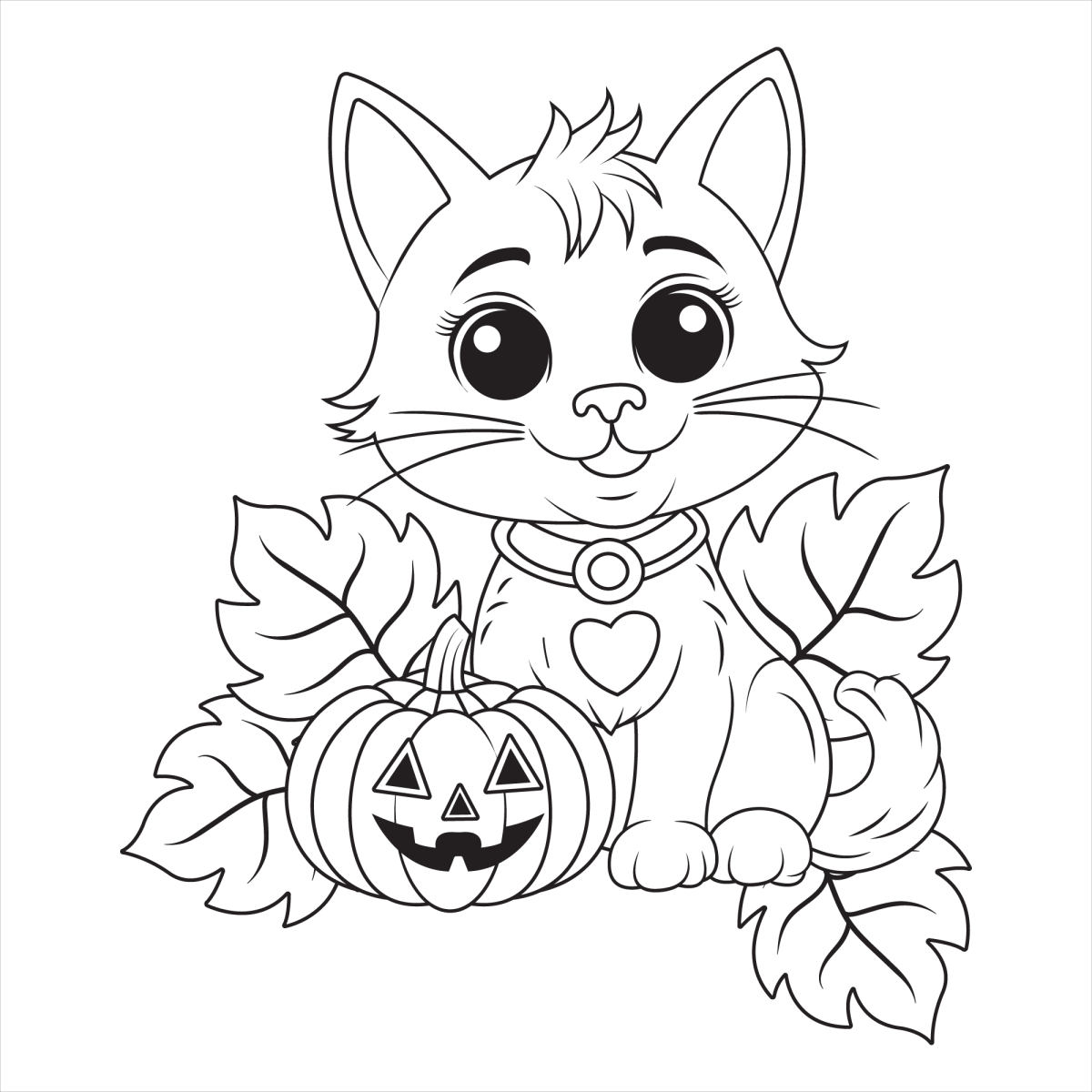 Gatinho com abóbora e folhas de outono para colorir
