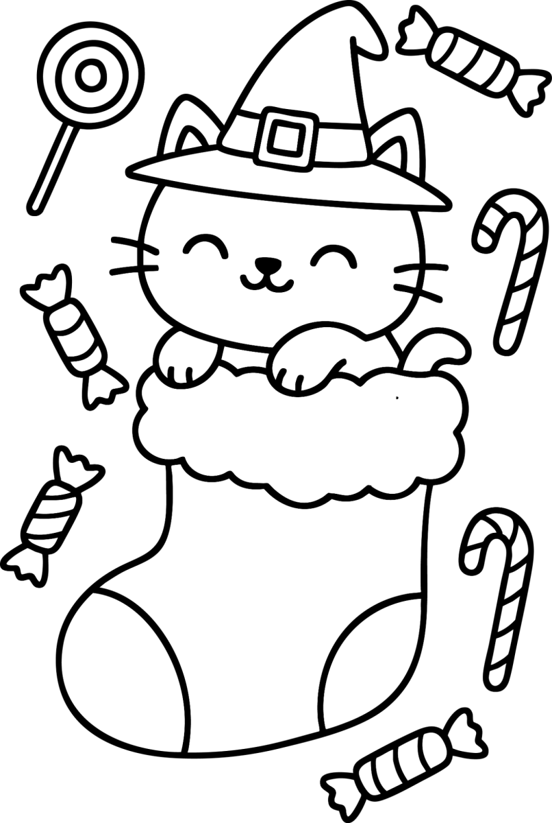 Gatinho de bruxa dentro da meia com doces para colorir