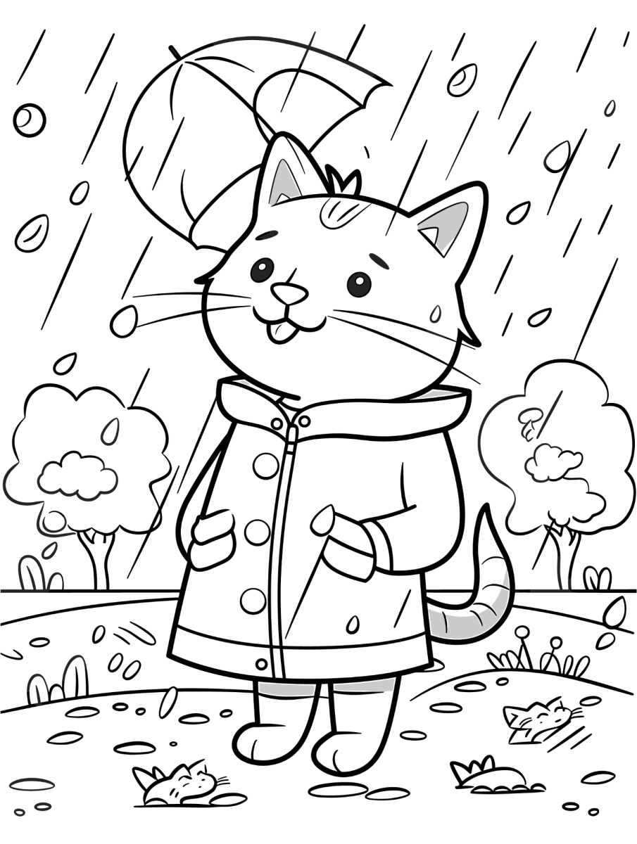 Gatinho de capa de chuva com guarda-chuva para colorir