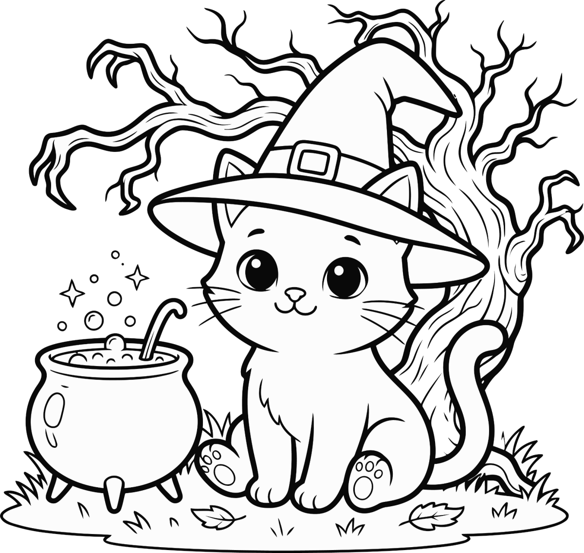 Gatinho de chapéu de bruxa ao lado do caldeirão para colorir