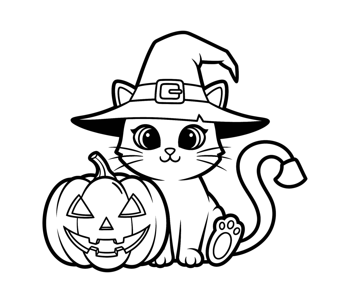 Gatinho de chapéu de bruxa com abóbora para colorir