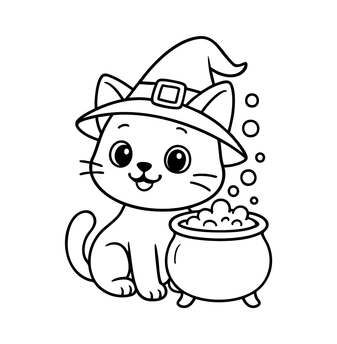 Gatinho de chapéu de bruxa com caldeirão para colorir