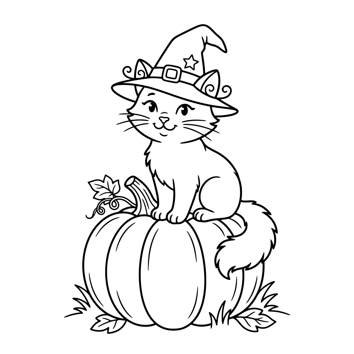 Gatinho de chapéu sentado na abóbora para colorir