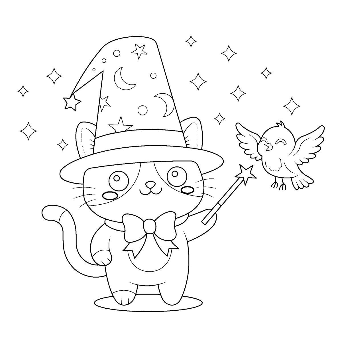 Gatinho mago com varinha e passarinho para colorir