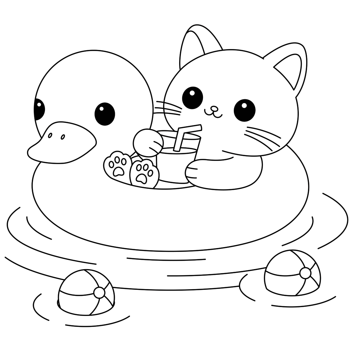 Gatinho na boia de pato comendo biscoito para colorir