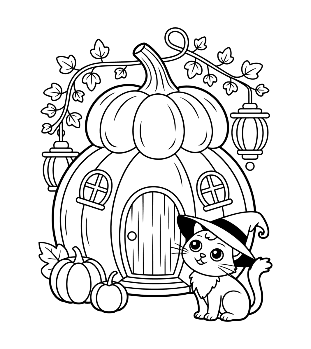Gatinho na casinha de abóbora para colorir