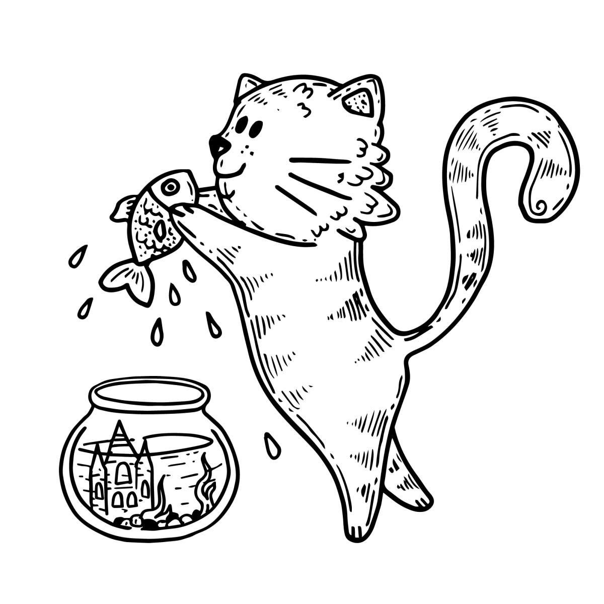 Gatinho pescando no pote de doces para colorir
