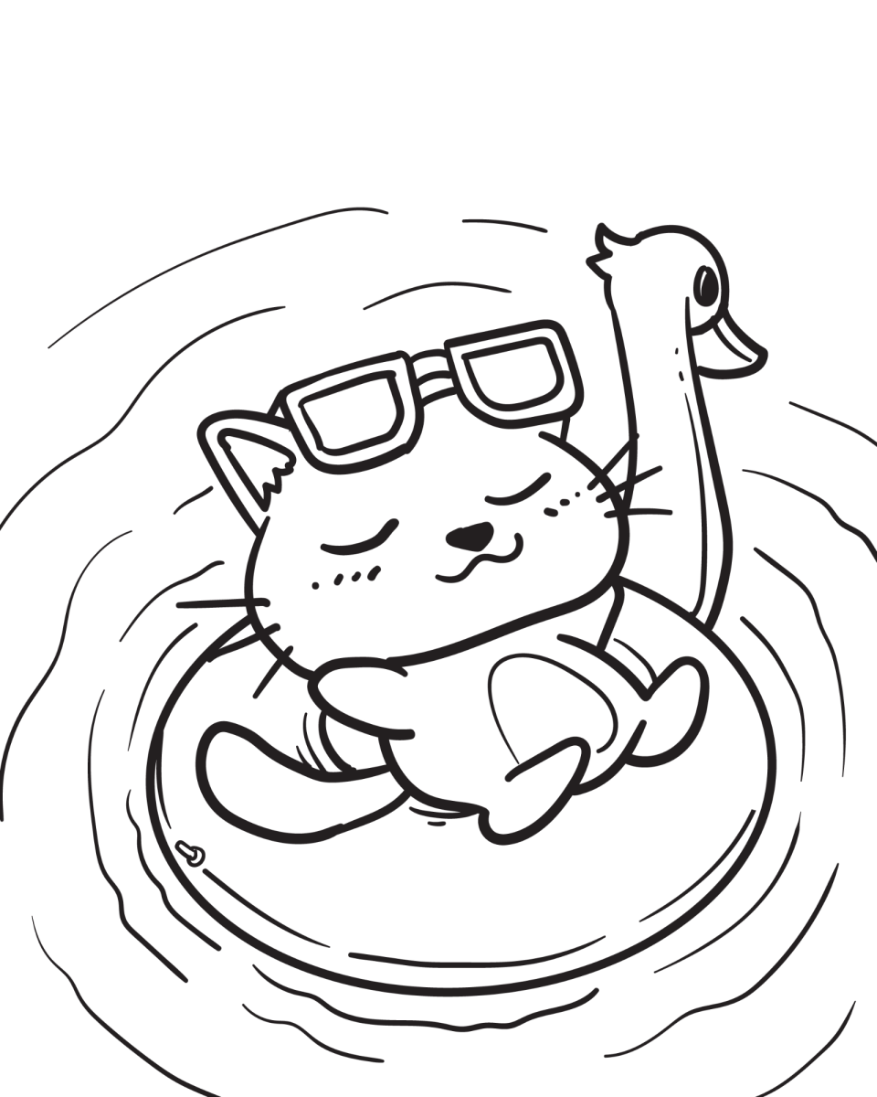 Gatinho relaxando na boia de cisne para colorir
