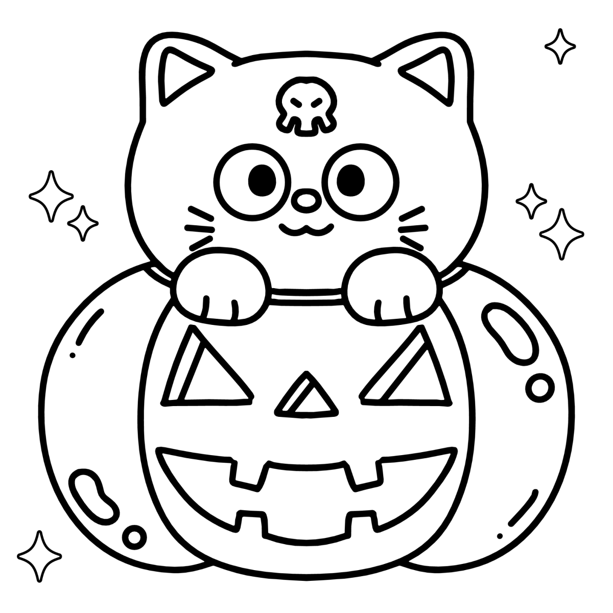 Gatinho saindo de dentro da abóbora para colorir