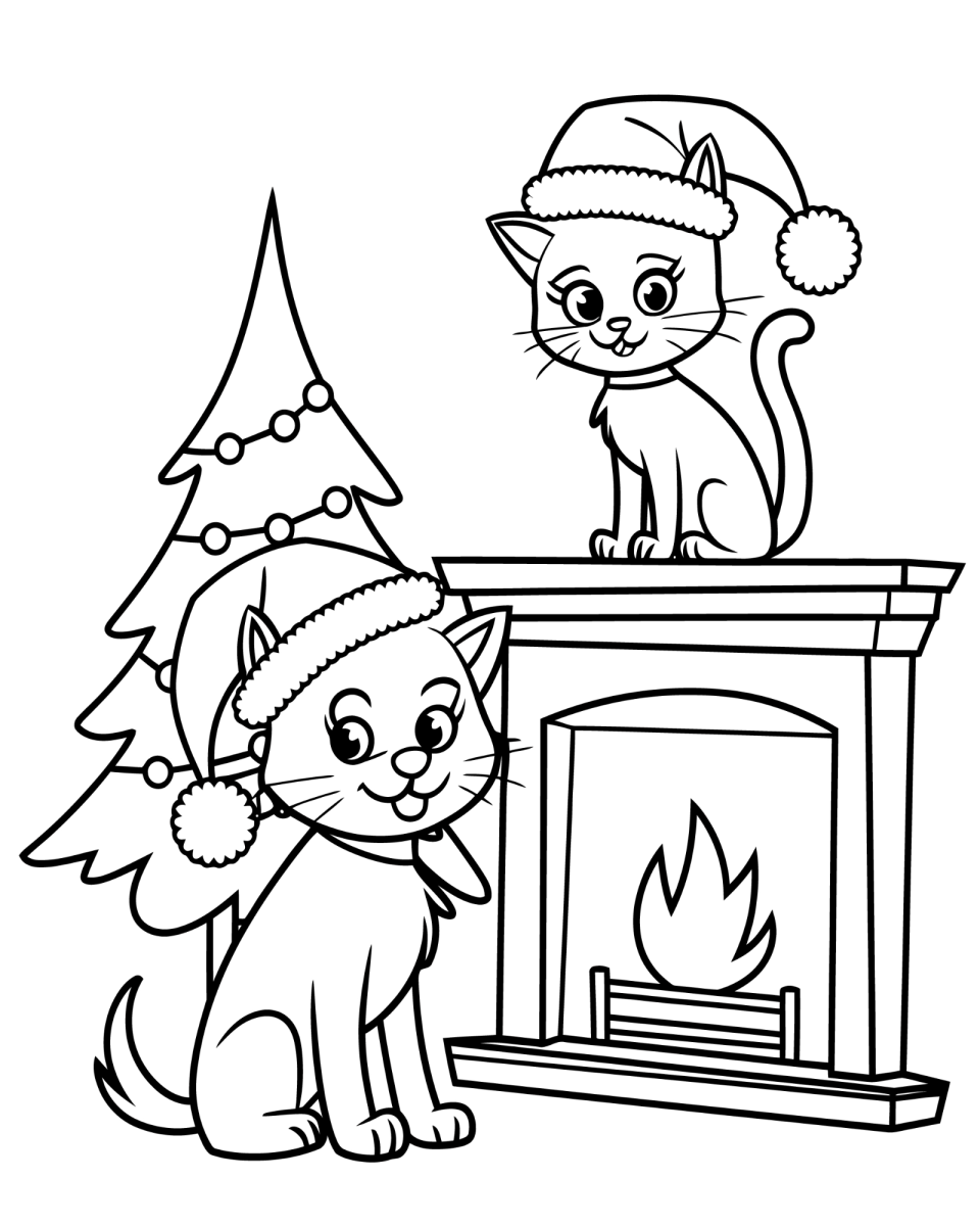 Gatinhos de gorro de Papai Noel na lareira para colorir
