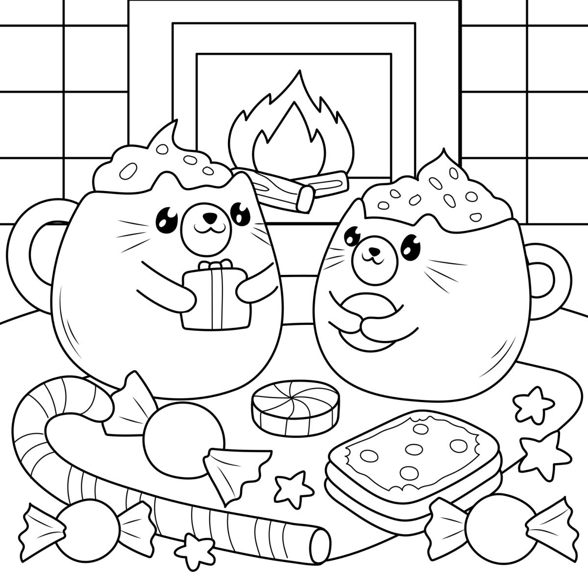 Gatinhos na lareira com chocolate quente para colorir