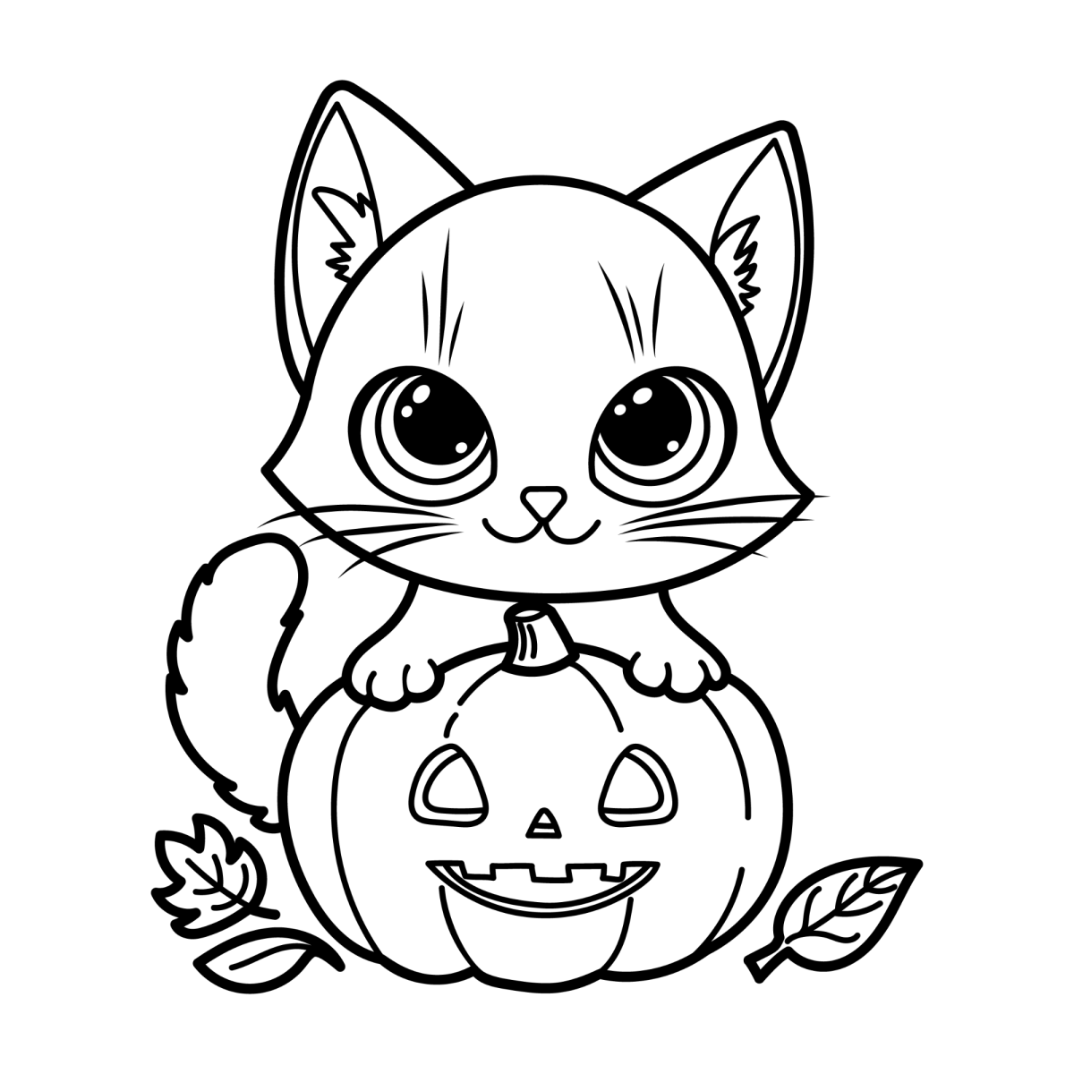 Gato de chapéu de bruxa abraçando a abóbora para colorir
