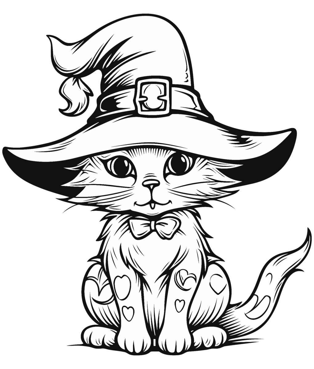 Gato de chapéu de bruxa sentado para colorir