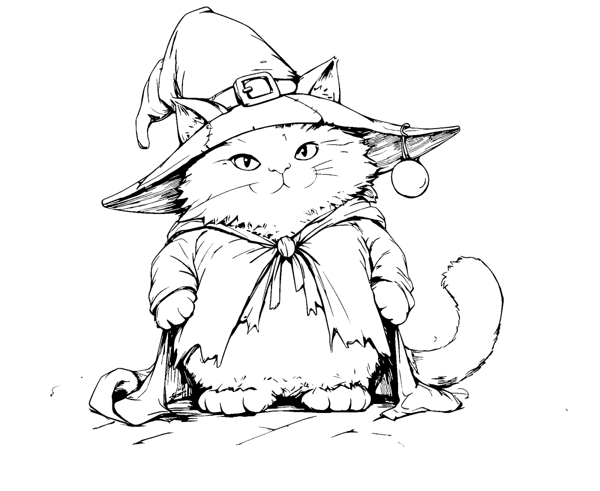 Gato feiticeiro de chapéu e capa para colorir