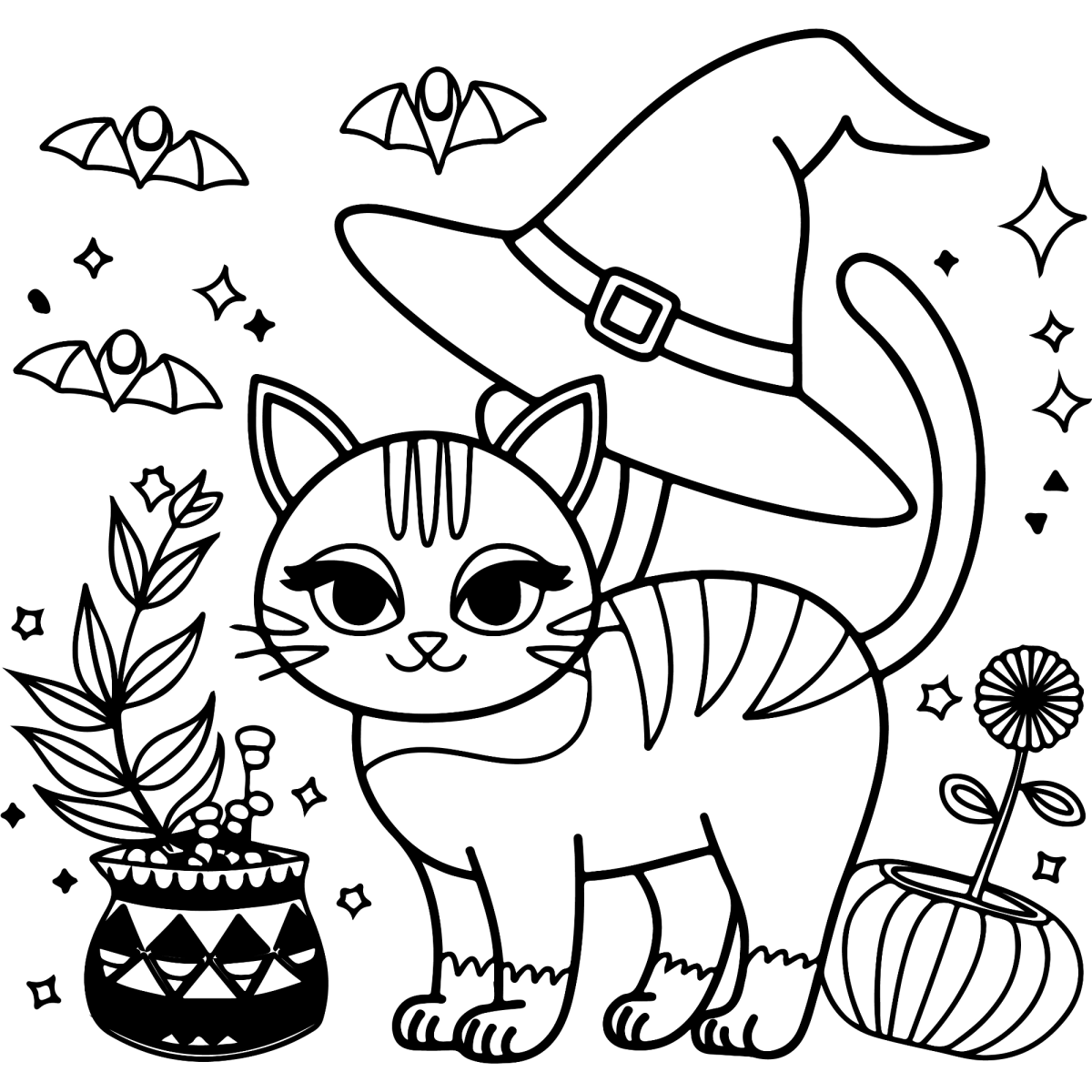 Gato listrado de chapéu de bruxa com caldeirão para colorir