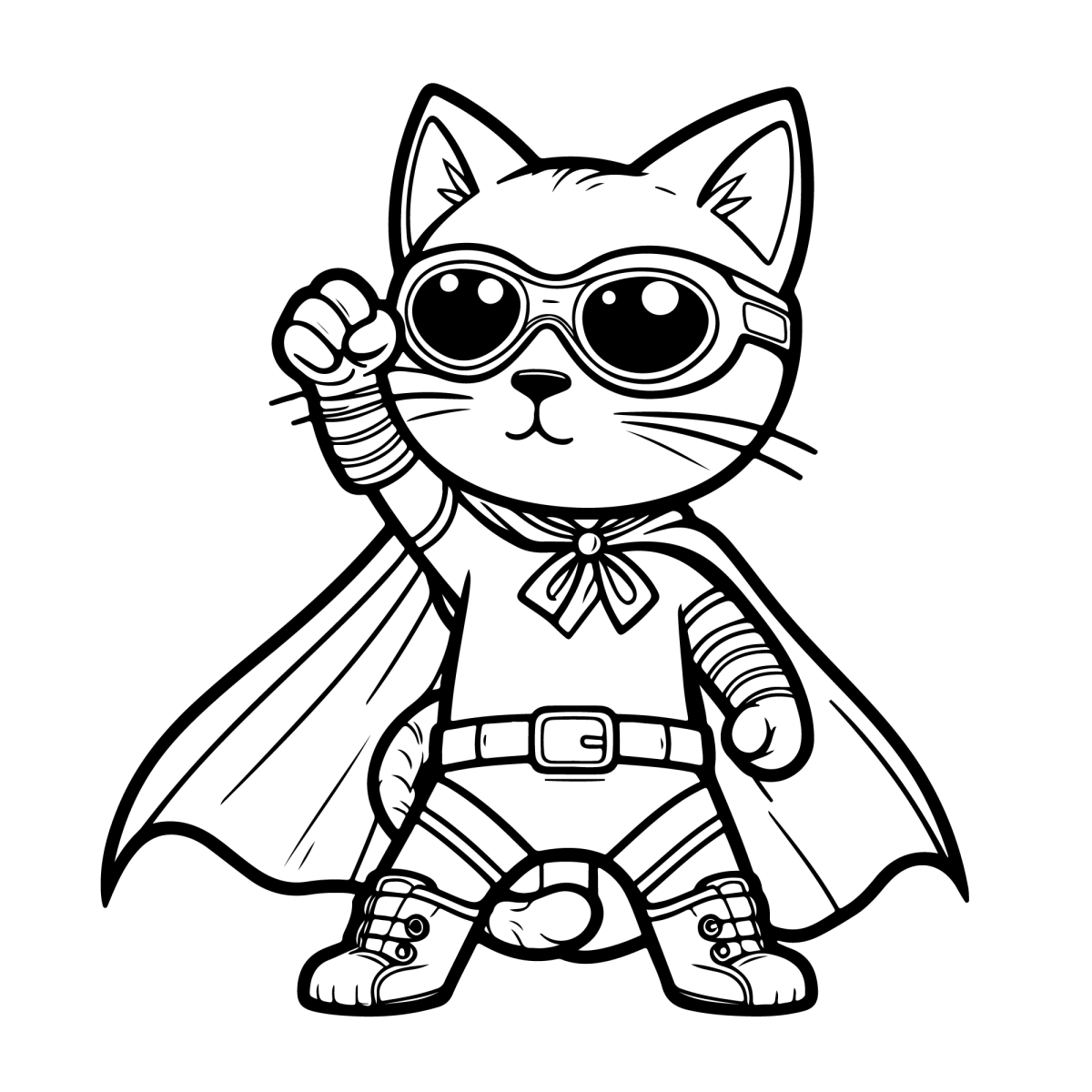 Gato super-herói de máscara e capa para colorir