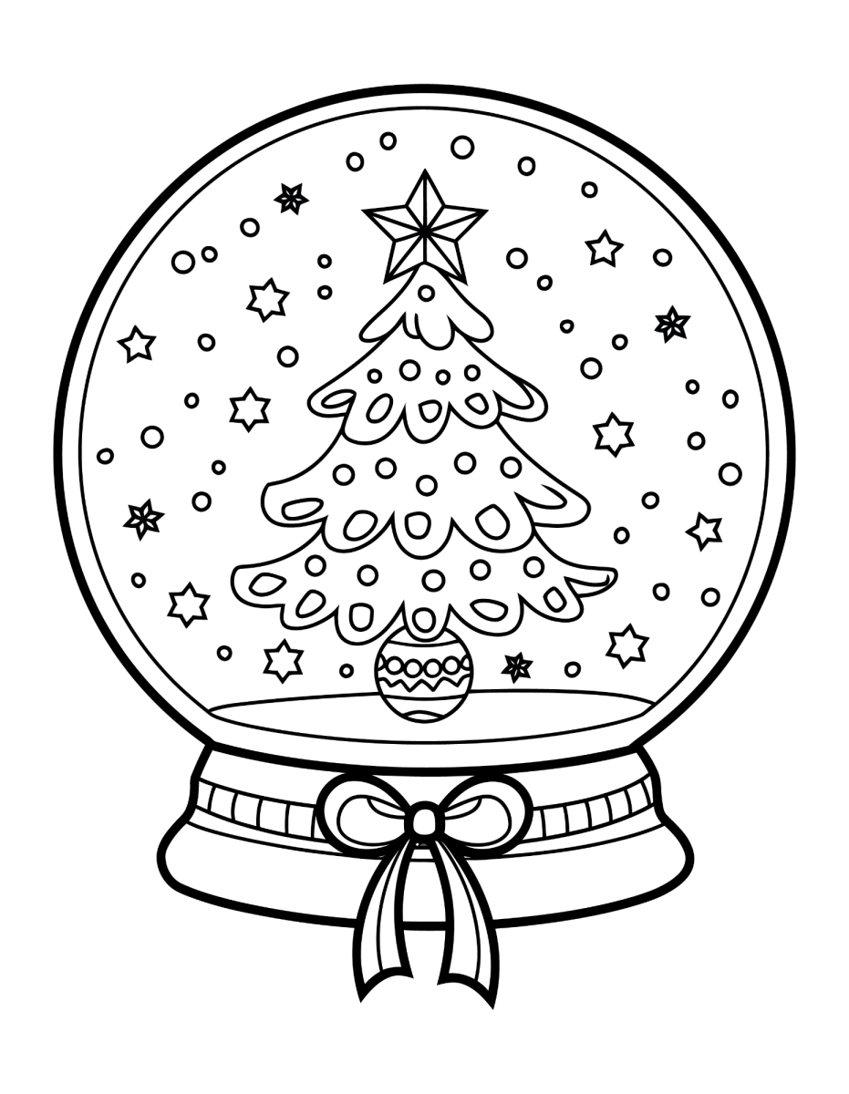 Globo de neve com árvore de Natal e laço na base para colorir