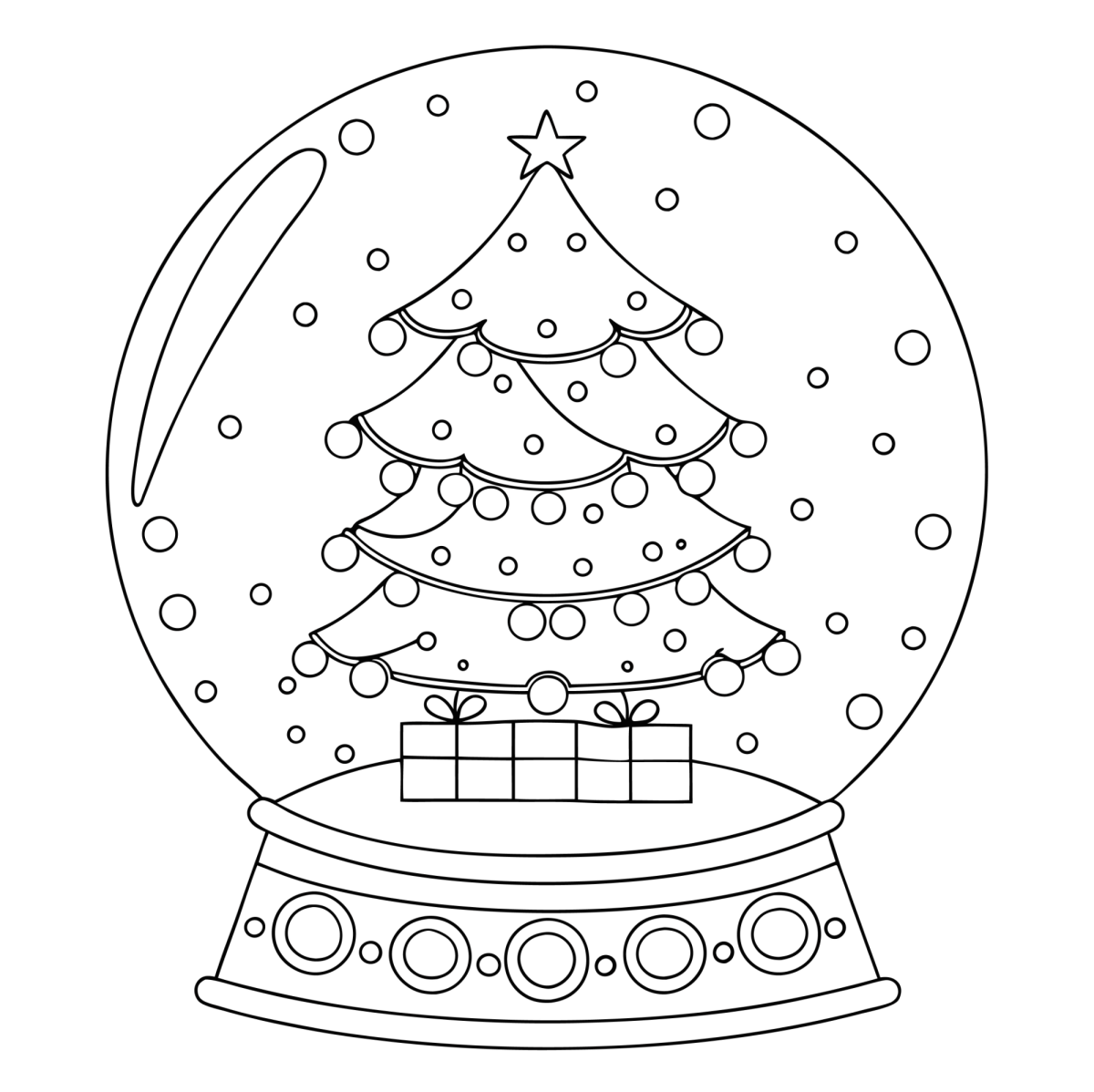 Globo de neve com árvore enfeitada e presentes para colorir