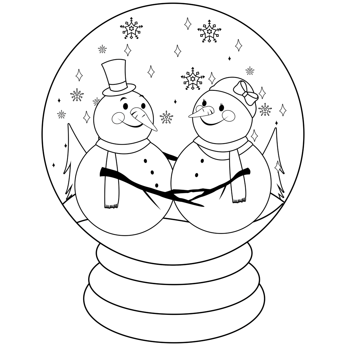 Globo de neve com dois bonecos de neve amigos para colorir
