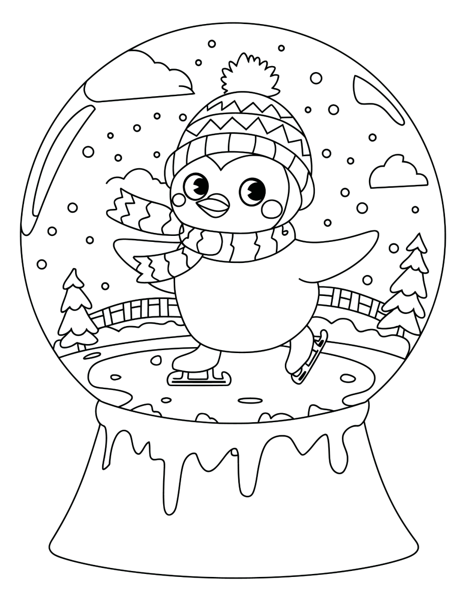 Globo de neve com passarinho de cachecol para colorir