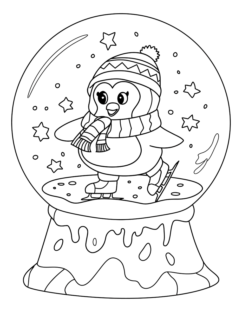 Globo de neve com pinguim de gorro para colorir