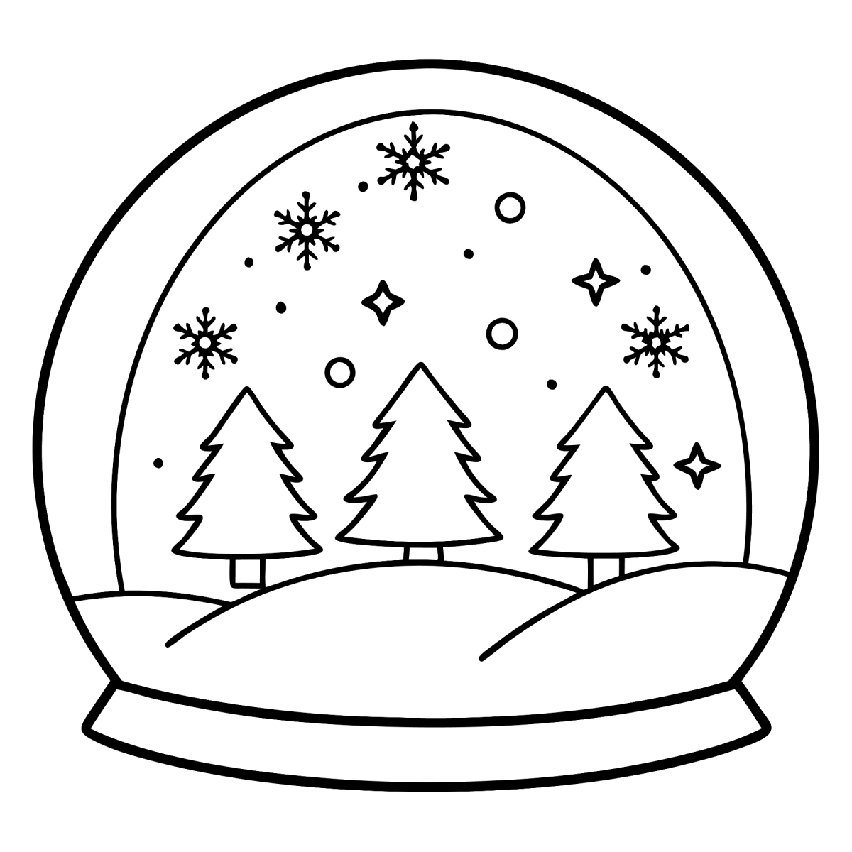 Globo de neve com três pinheiros e flocos para colorir