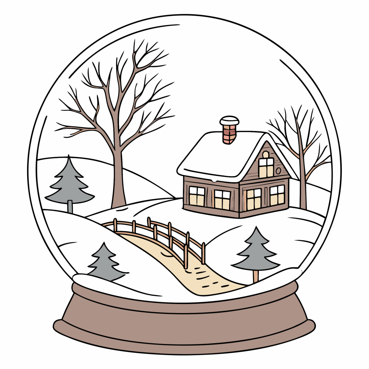 Globo de neve com vila de inverno e pontezinha para colorir
