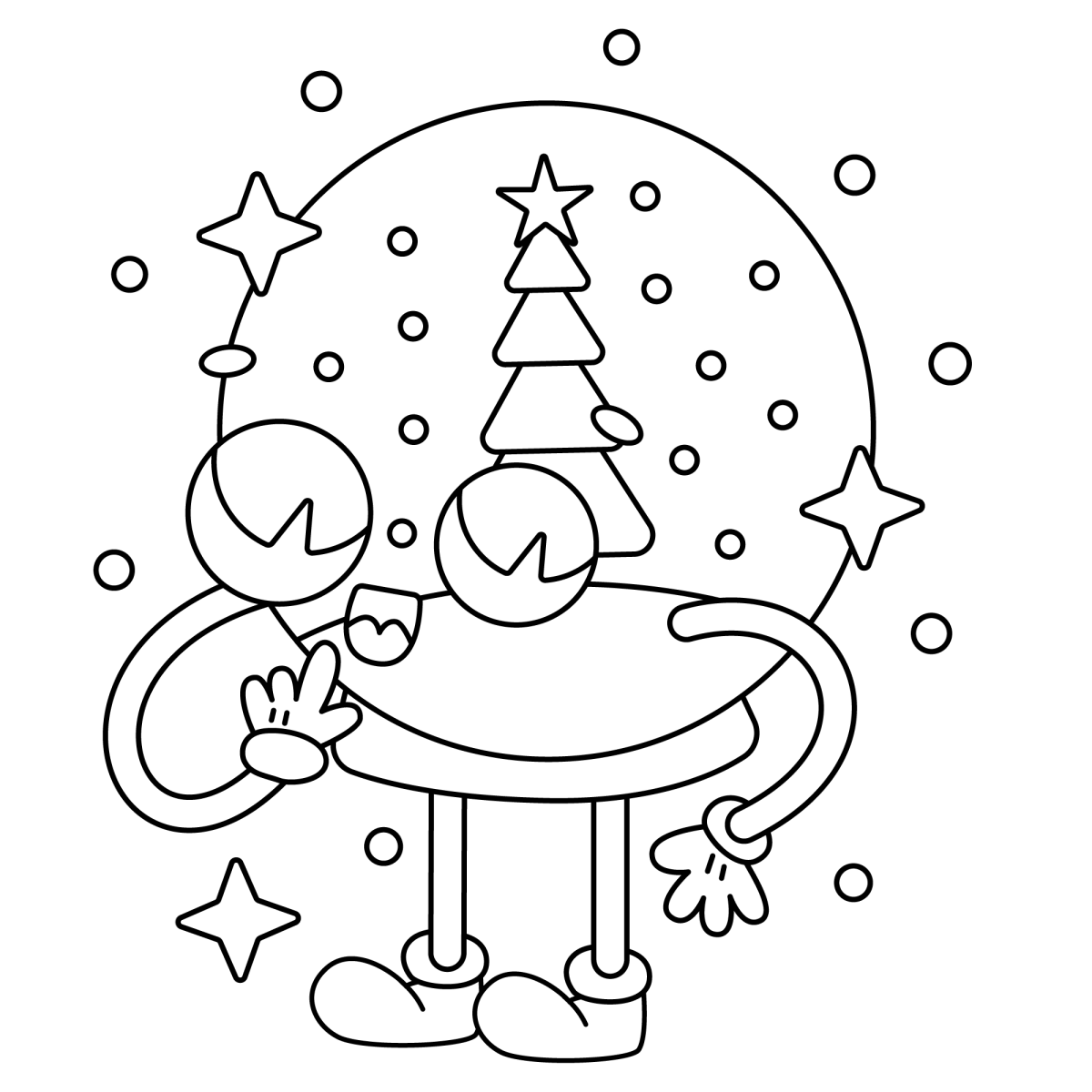 Globo de neve personagem com pinheiro e bracinhos para colorir