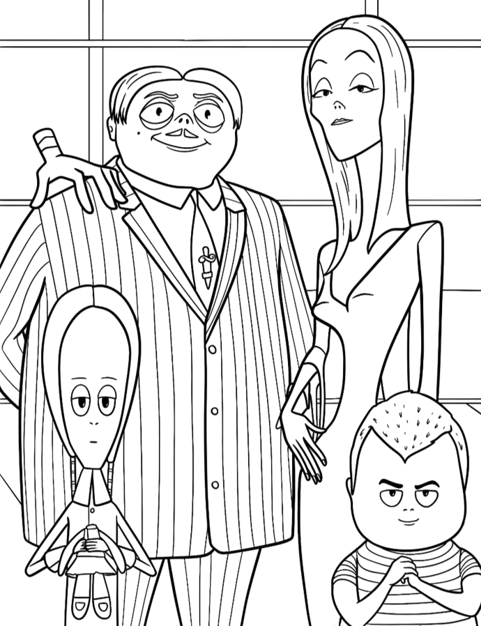 Gomez, Morticia, Wandinha e Feioso para colorir