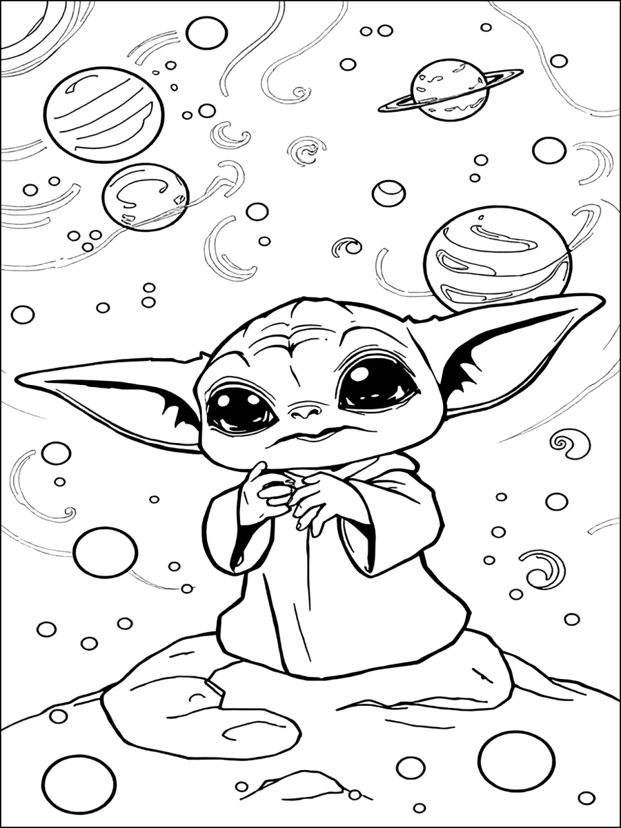 Grogu flutuando no espaço entre planetas para colorir