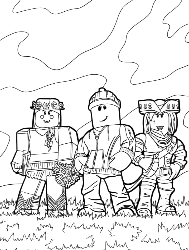 Grupo de avatares do Roblox na aventura para colorir