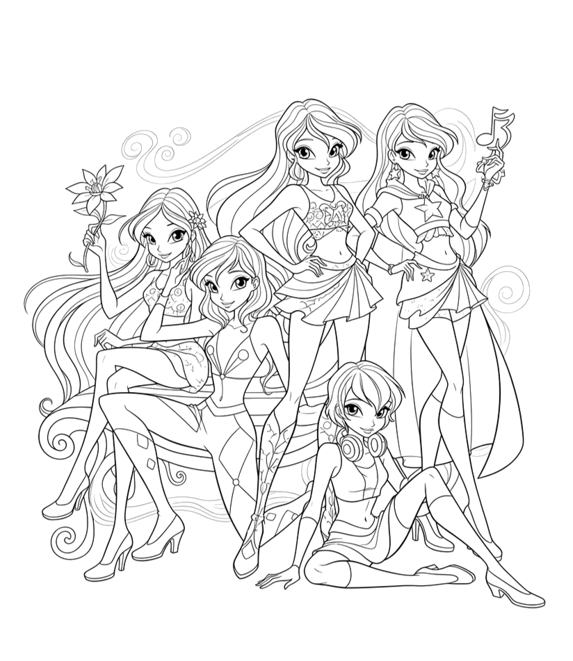 Grupo Winx em transformação mágica para colorir