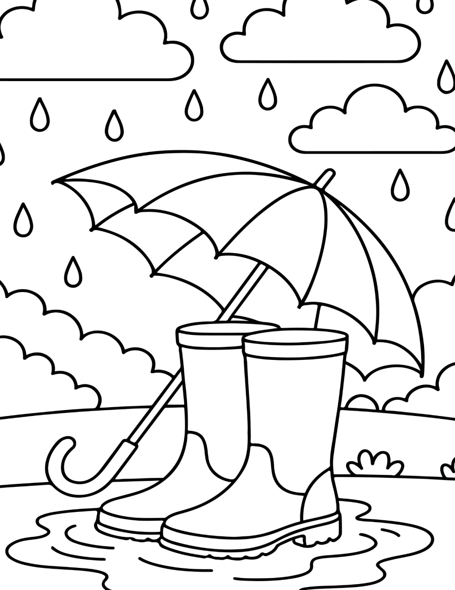 Guarda-chuva e botas de chuva no quintal para colorir