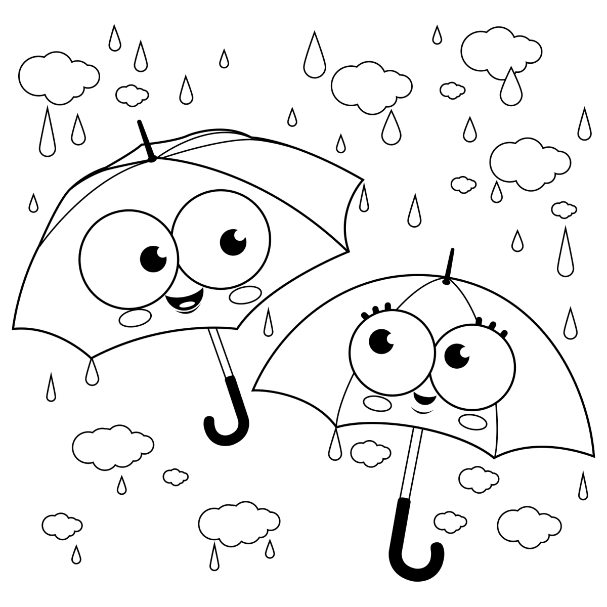 Guarda-chuvas kawaii na chuva para colorir