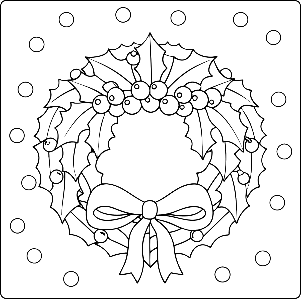 Guirlanda de azevinho com laço e flocos de neve para colorir