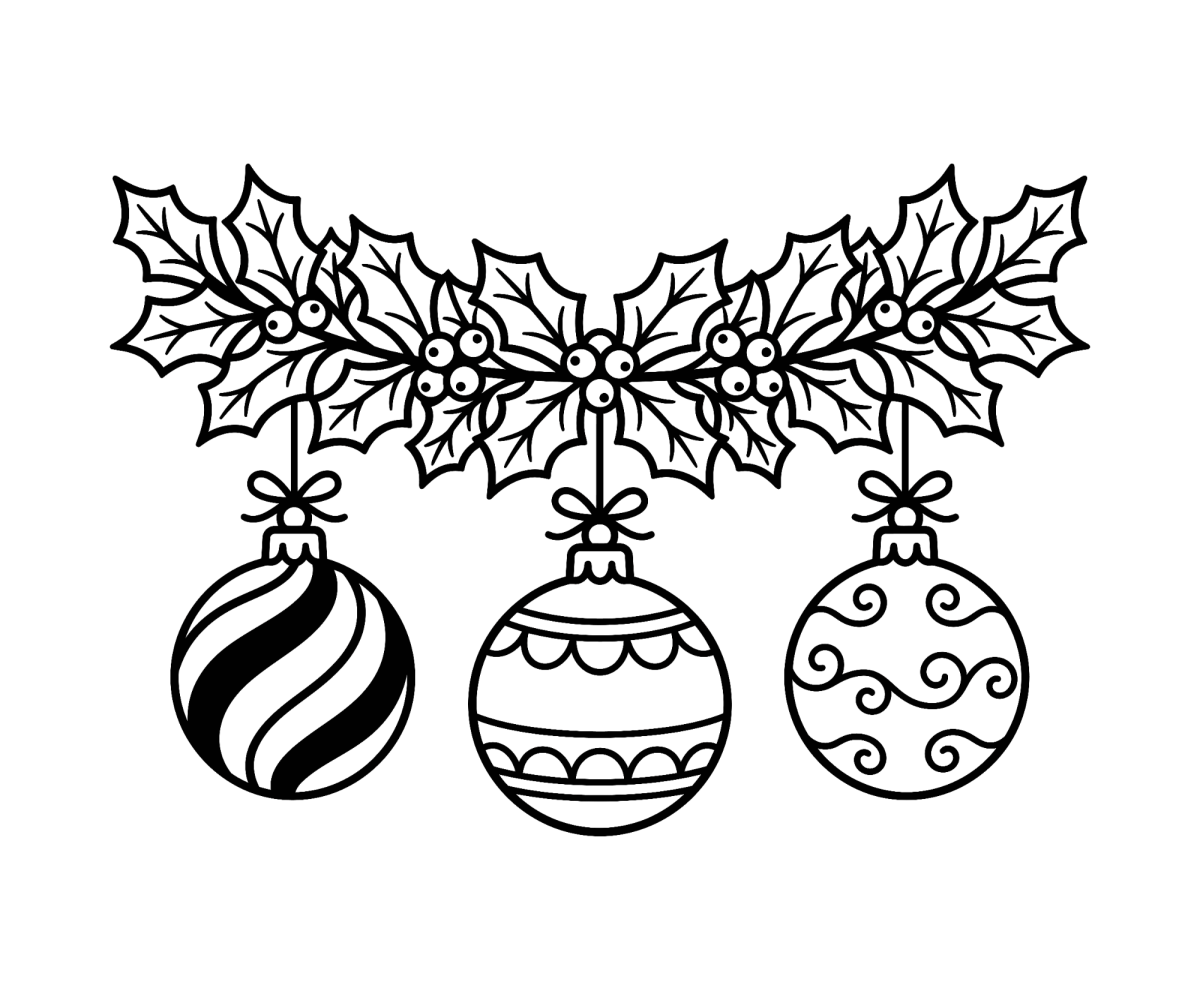 Guirlanda de azevinho com três bolas de Natal para colorir