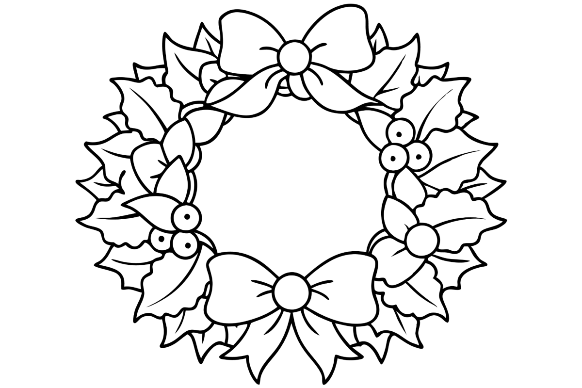 Guirlanda de folhas com laço e flores para colorir