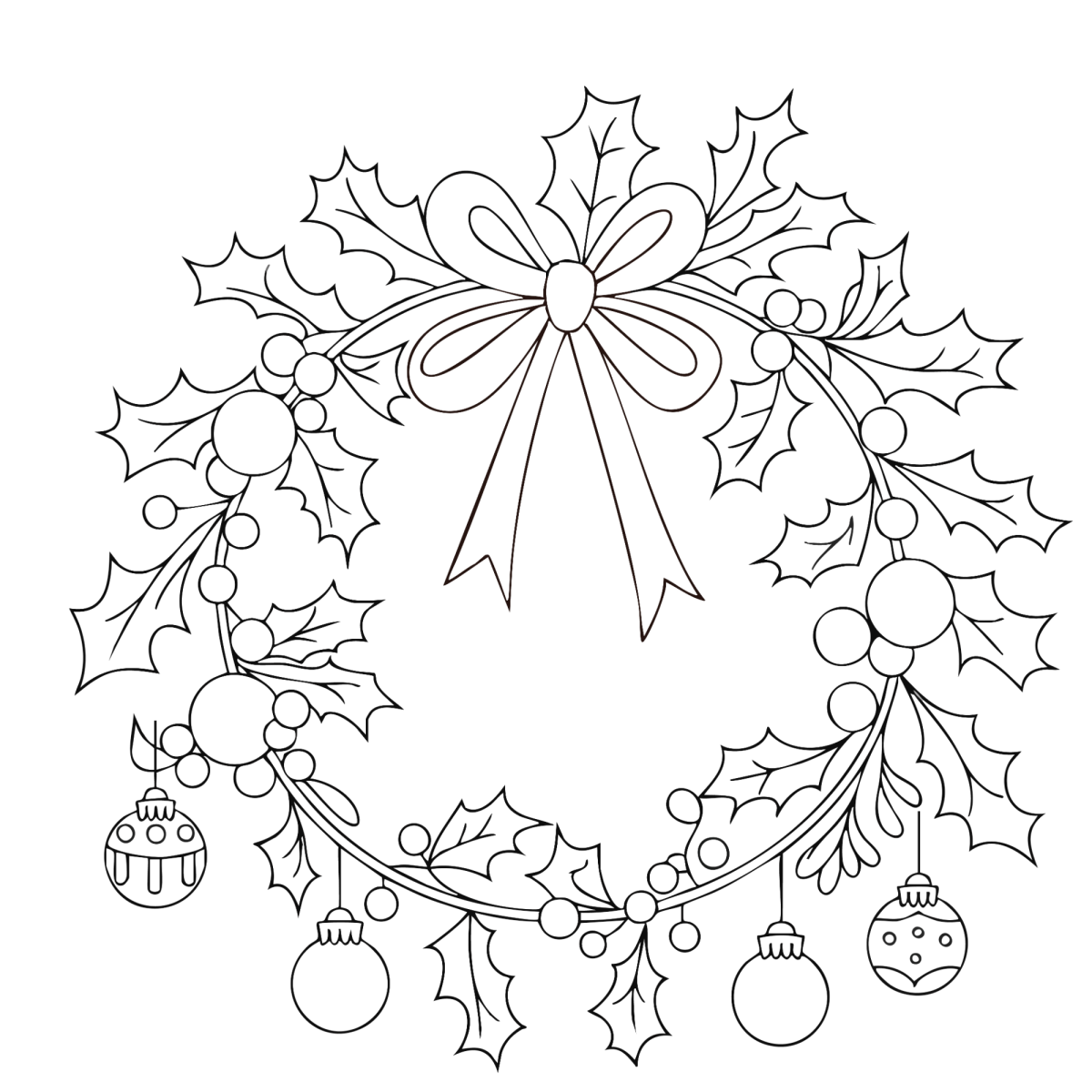 Guirlanda de Natal com laço e bolas para colorir