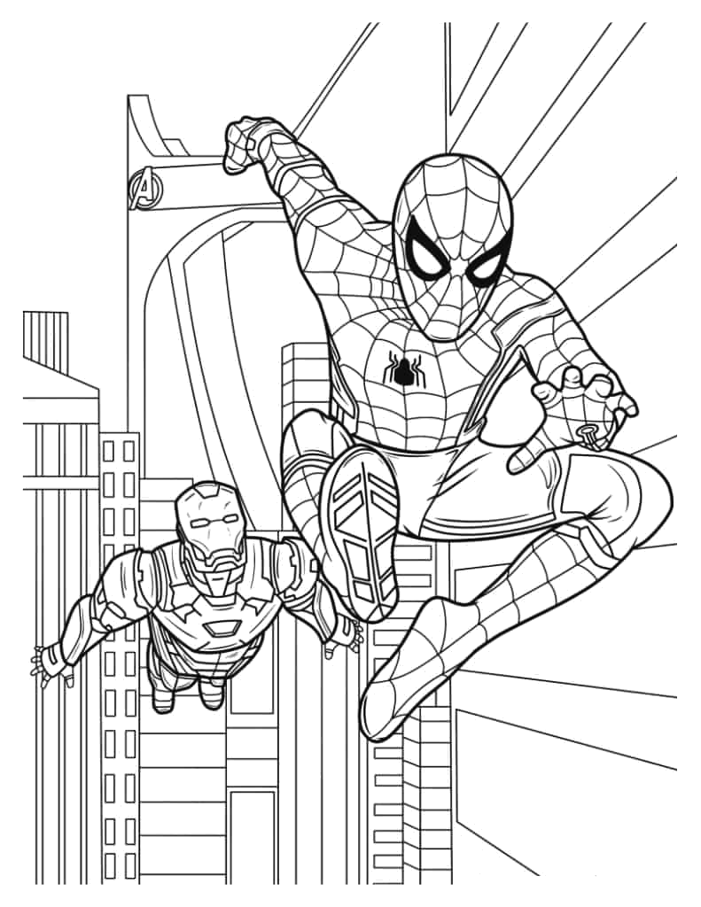 Homem-Aranha e Homem de Ferro em ação na cidade para colorir