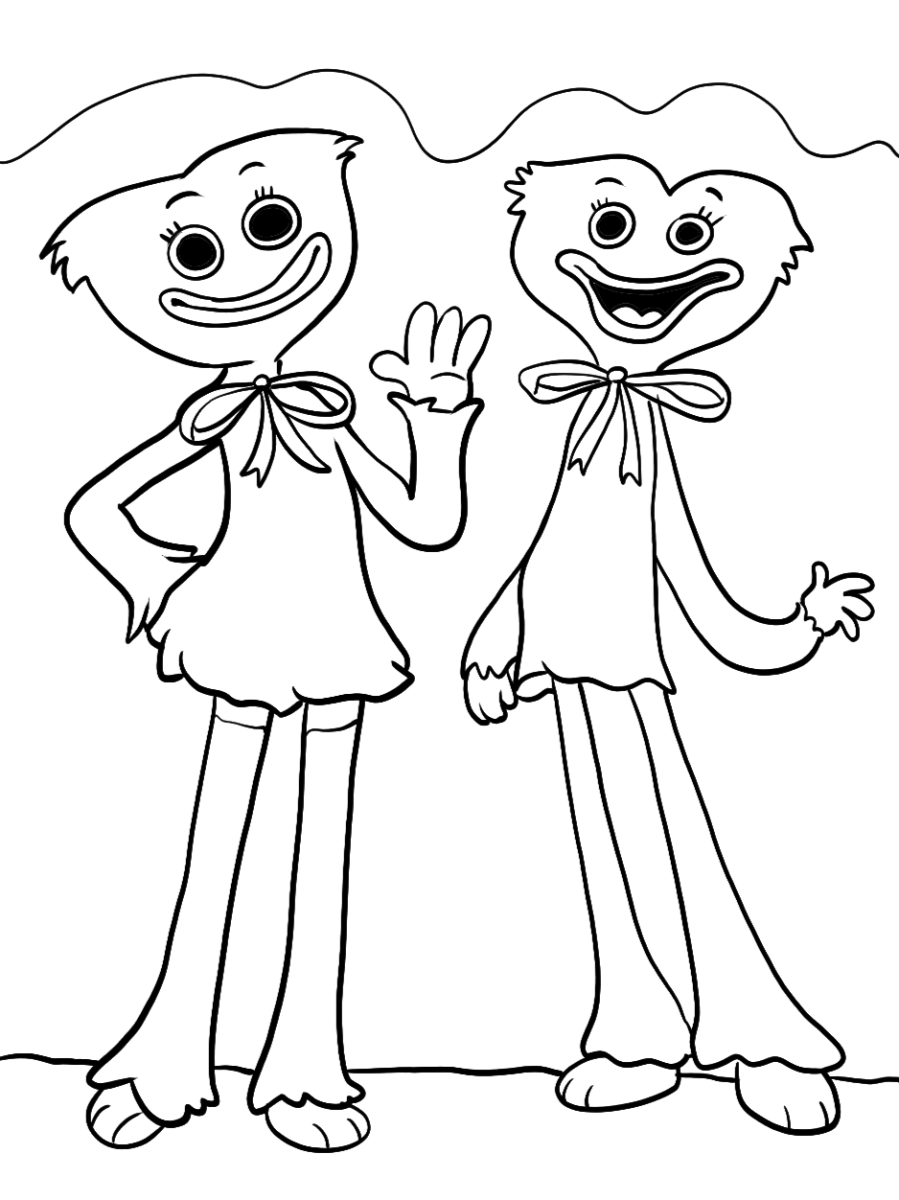 Huggy Wuggy e Kissy Missy de mãos dadas para colorir