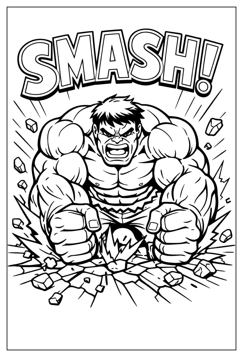 Hulk esmagando tudo com um Smash para colorir